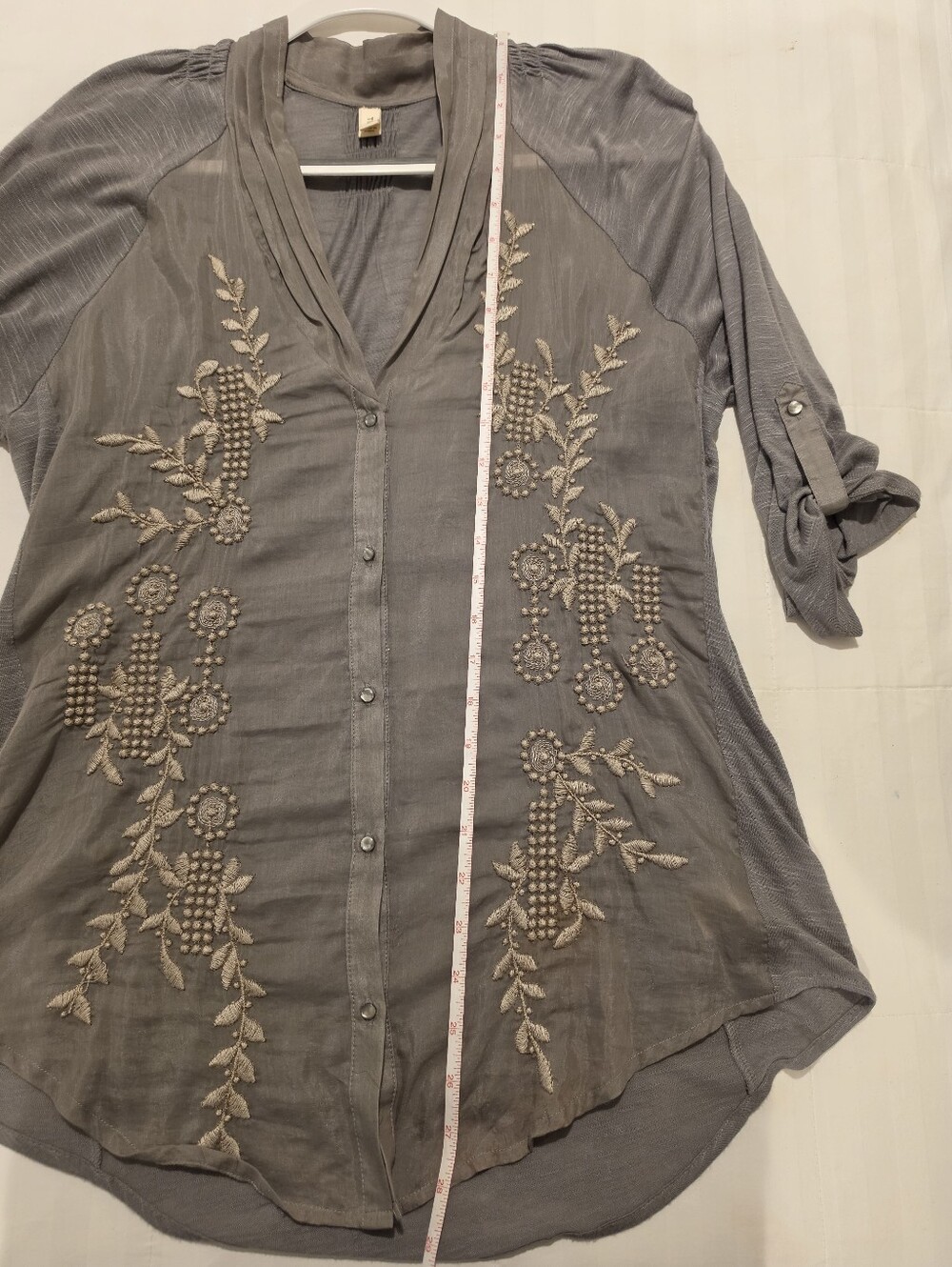Tiny for Anthropologie Embroidered Grey Button-Front 3/4 sleeve lightweight top